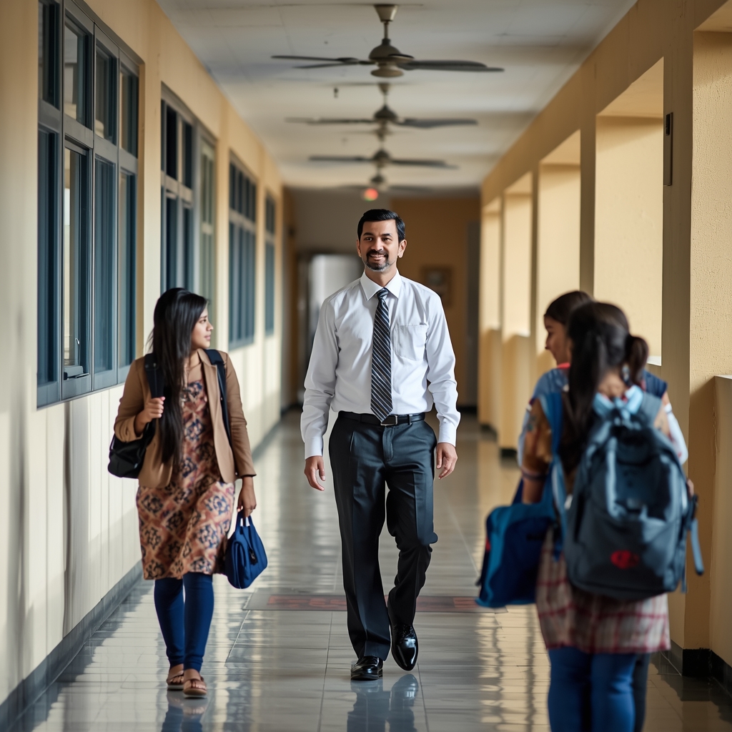 Principal confidently walking through the school corridor